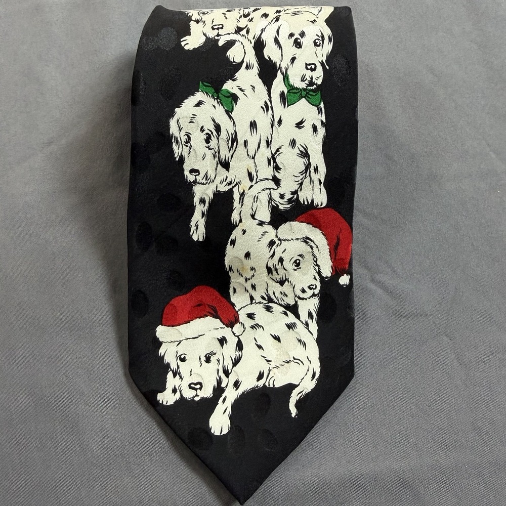 Vintage Addiction Mens Black Silk Neck Tie Dalmatian Puppies Christmas Santa Hat